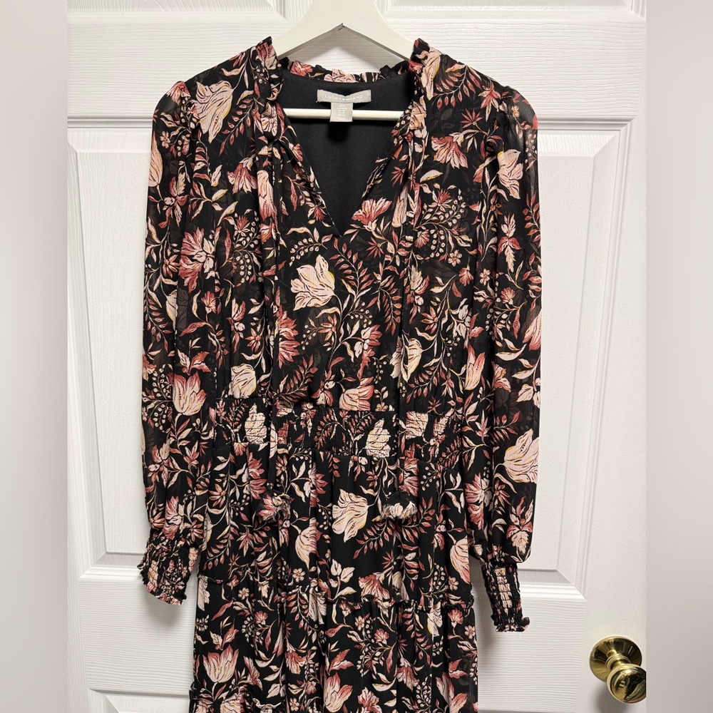 Lucky Brand Black, Pinkish, Orangey Floral Long Sleeve Maxi Dress